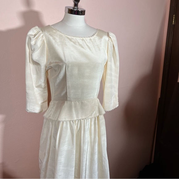 Vintage 80 90 Lanz Cream White Satin Puff sleeve Peplum Victorian Dress wedding - Picture 6 of 17